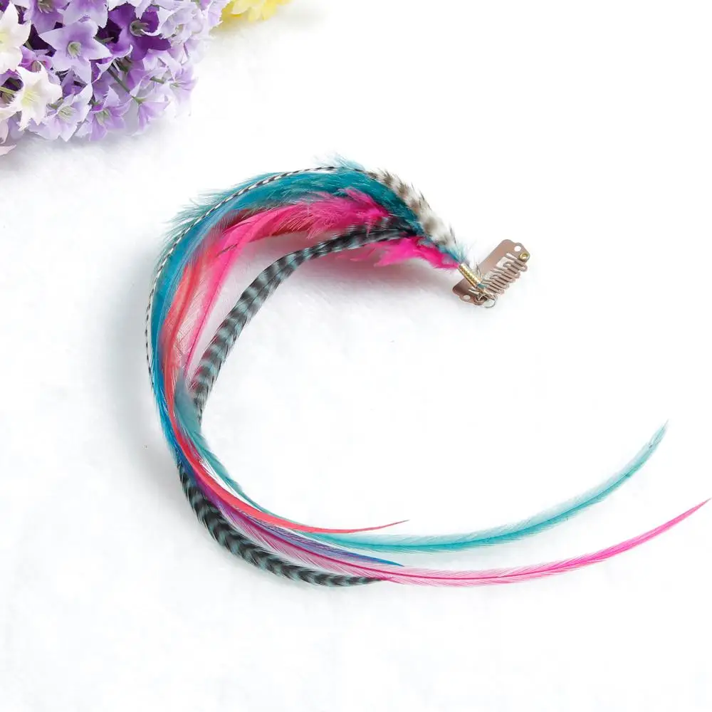 Women hair accessories clip in feather hair extension natural real grizzly rooster solid zebra lines feather party hairpieces