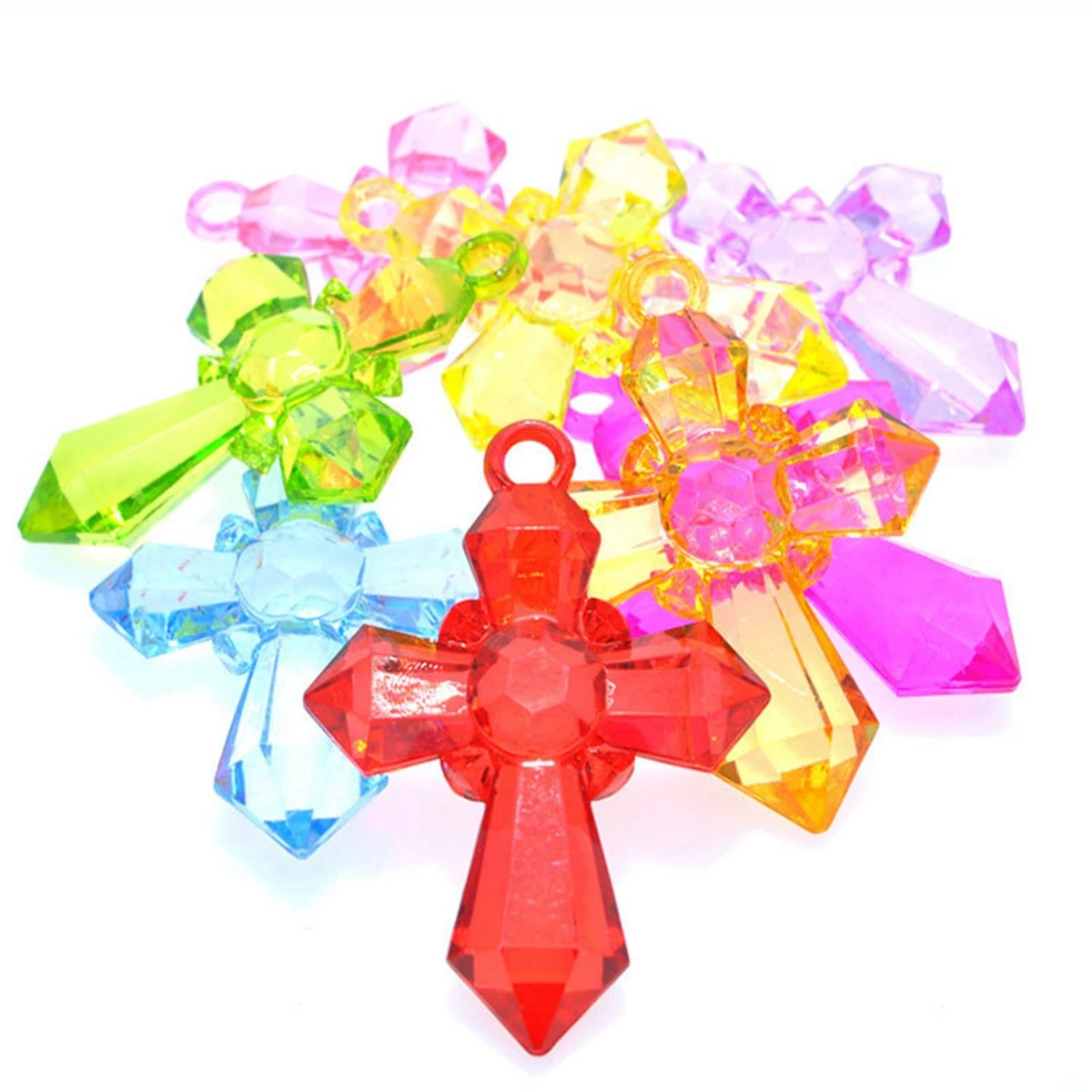 50 Mixed Colour Transparent Acrylic Cross Charm Pendants 28X20mm