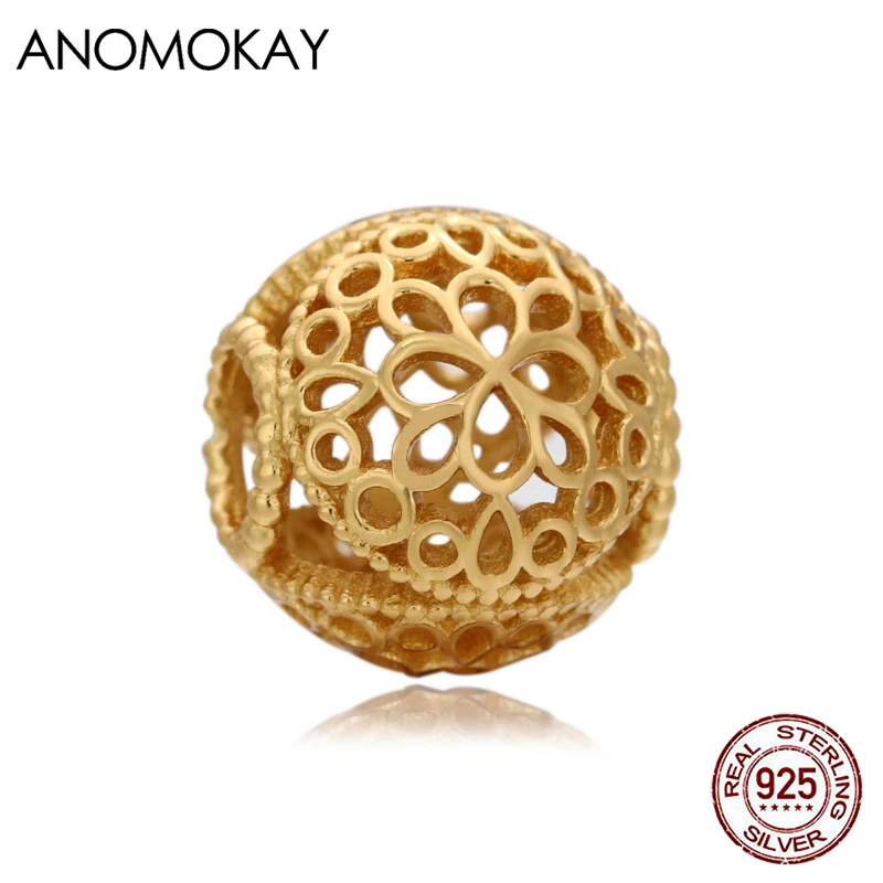 

Anomokay модный ажурный винтажный золотой цвет цветок подвеска подходит для браслета из настоящего стерлингового серебра 925 пробы круглые растительные бусины для DIY