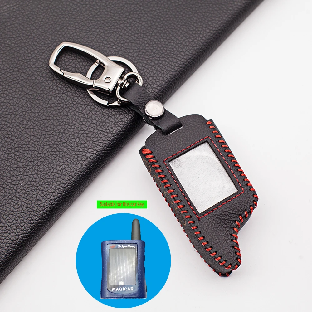 100% Leather Fob Key Case for Russian version 2-way SCHER KHAN Magicar A/B lcd Russian Safety In Two-way Car Alarm System