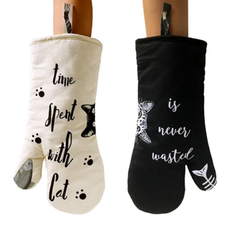Kitchen Thicken heat resistant Oven Mitts White black cat cooking gloves Non-slip  baking gloves oven mittens home Cooking tool
