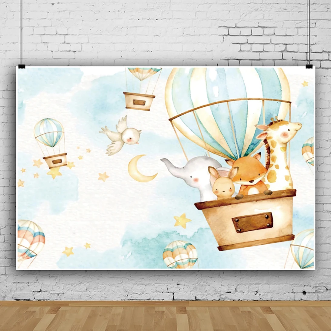 Laeacco-写真,背景,漫画,動物,空の空気,風船のスターポスター,パーソナライズされたバナー,子供の写真の背景