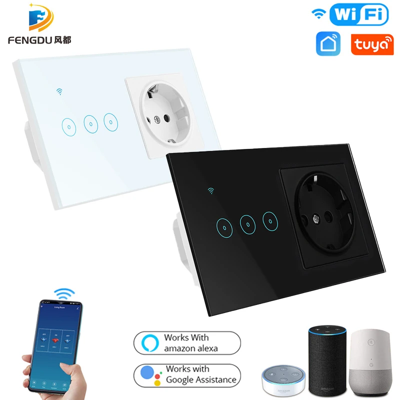 

Tuya WiFi Smart Light Switch with EU Socket, 1 2 3 Gang Touch Control Smart Wall Switch Voice Work with Alexa, Google Home