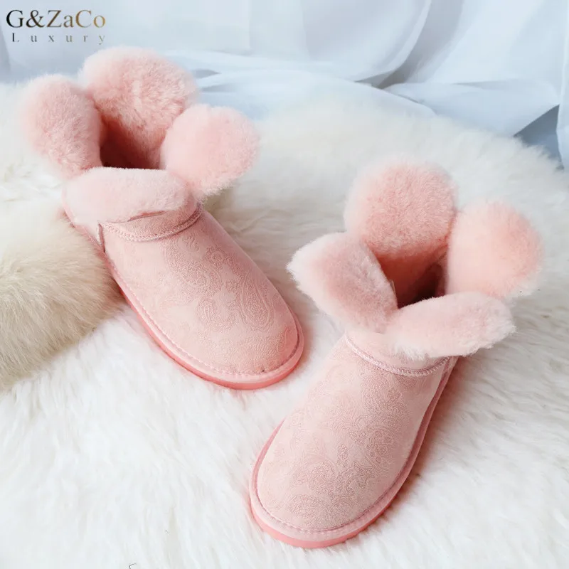 

G&Zaco Sweet Clover Flower Short Sheepskin Snow Boots Natural Wool Shearling Winter Ankle Boots Women Sweet Boots Winter Shoes