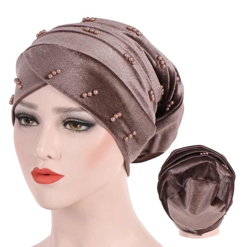 진주 벨벳 내부 히잡 모자 이슬람 머리 장식 여성 turban femme musulman, 부드러운 단색 turbante hijab 보닛 착용 준비 완료