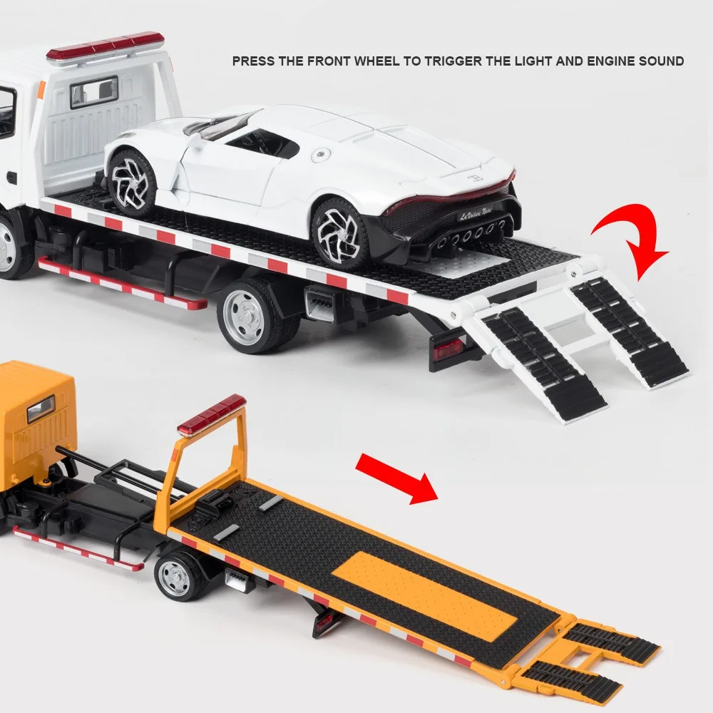 1/32 Alloy Traffic Road Rescue Wrecker Car Model Diecasts Engineering Trailer Truck Model Simulation Sound and Light Kids Toys