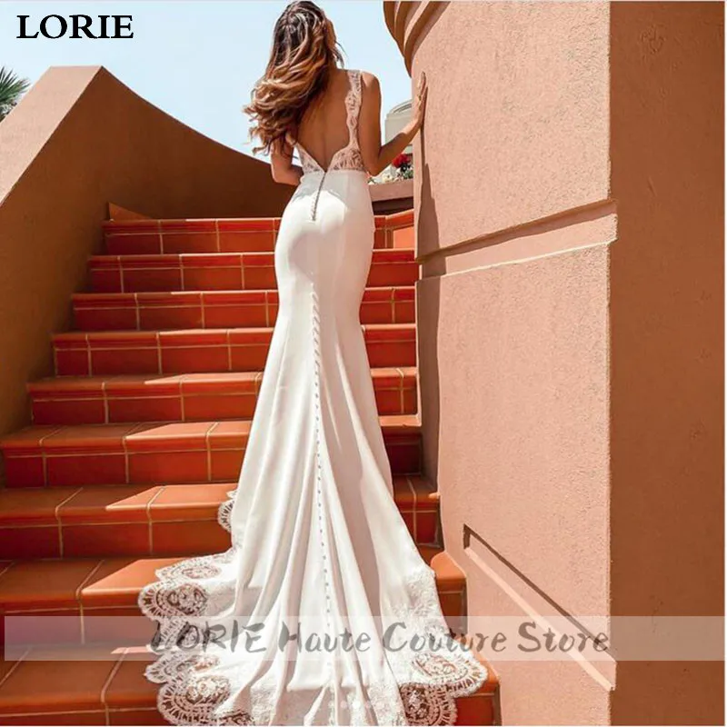 Lorie laço sereia vestido de casamento sexy com decote em v vestidos de novia laço do vintage sem costas vestido de noiva de cetim macio