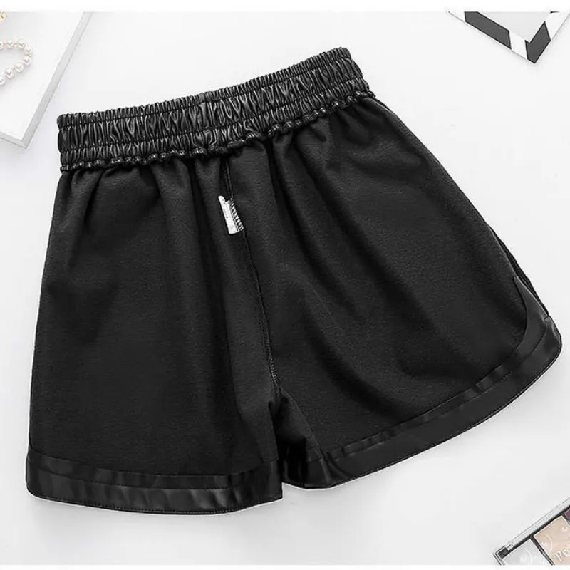 2024 Women Black  PU Leather Shorts High Waist Wide Leg Faux Leather Shorts High Quality Winter Loose PU Shorts  4XL