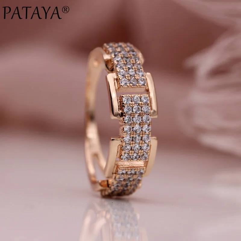 PATAYA New Arrivals Three Rows Round White Natural Zircon Rings Women Wedding 585 Rose Gold Color Concise Jewelry Accessories