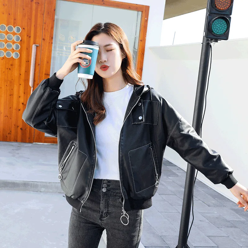 Winter Girls PU Leather Jacket Motorcycle Oversized Boyfriend Korean Style Female Faux Coat Zipper Fleece Lining Black Outwear