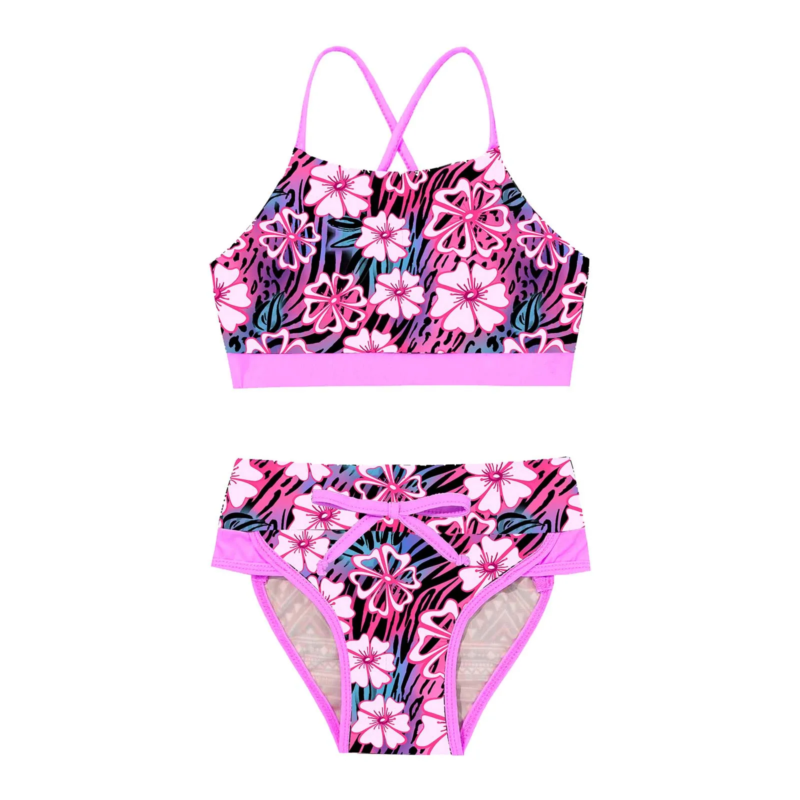 TiaoBug 3 To 14 Years Kids Girls 2Pcs Summer Swimsuit Swimwear Geometric Pattern Floral Print Bathing Suit Bikini Set