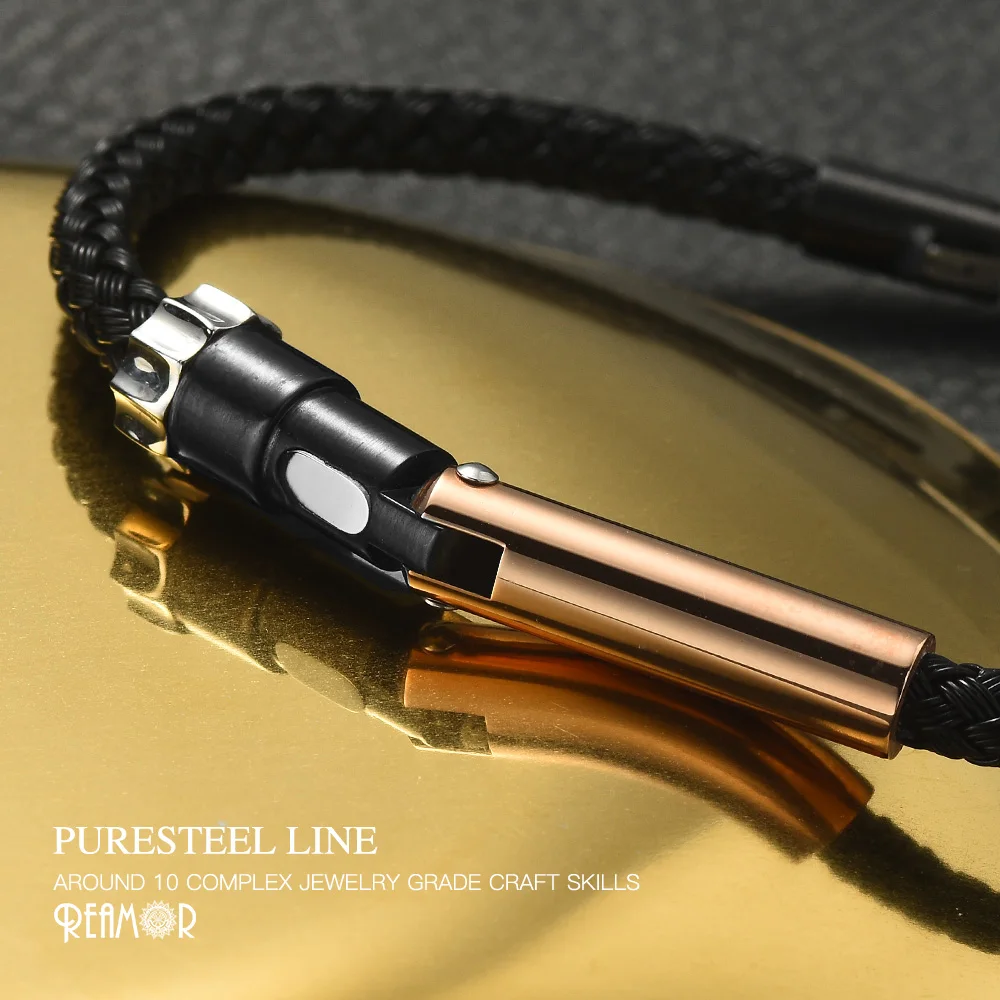 REAMOR Luxury Gold Color Structural Design Bracelets Knight Black Stainless Steel Wire DIY Bracelet for Men Women Simple Jewelry