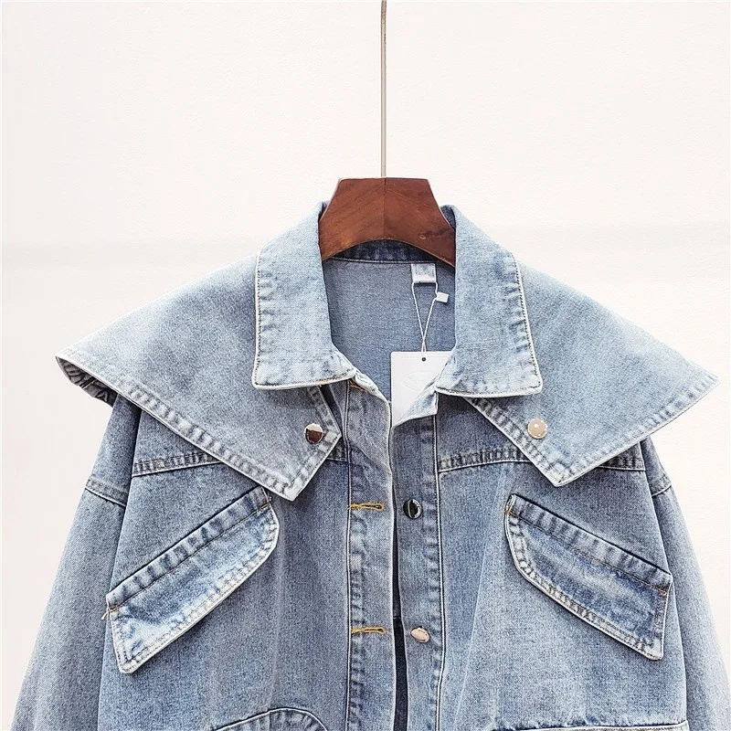 Denim Women Short Coat Shawl Detachable Vintage Loose Jacket 2022 Streetwear Long Sleeve Boyfriend Blue Cowgirl Jacket Female