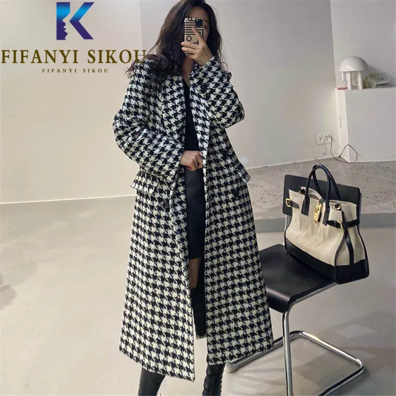 

Houndstooth Plaid Wool Coat Women Double Breasted Lapel Fashion Long Woolen Coat High Quality Thick Warm Winter Overcoat Female