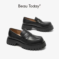 BeauToday platforma mokasyny damskie skóra cielęca okrągłe Toe Slip-on kobiece buty na co dzień Penny Handmade 27789