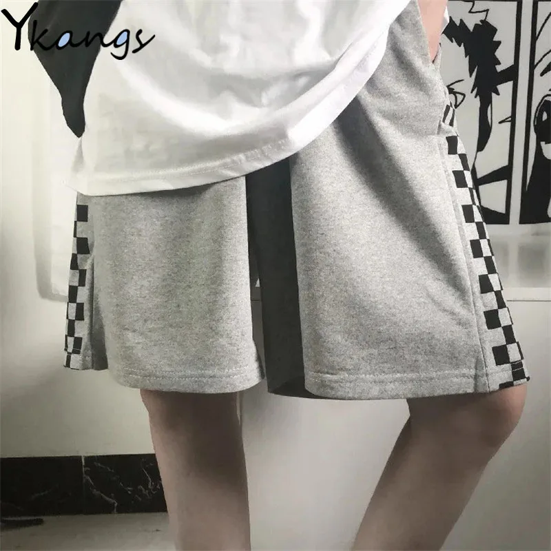 

6XL Oversize Casual Korean Side Plaid Sport Gym Shorts Women Harajuku Streetwear High Waist Pants Summer Running Shorts Women