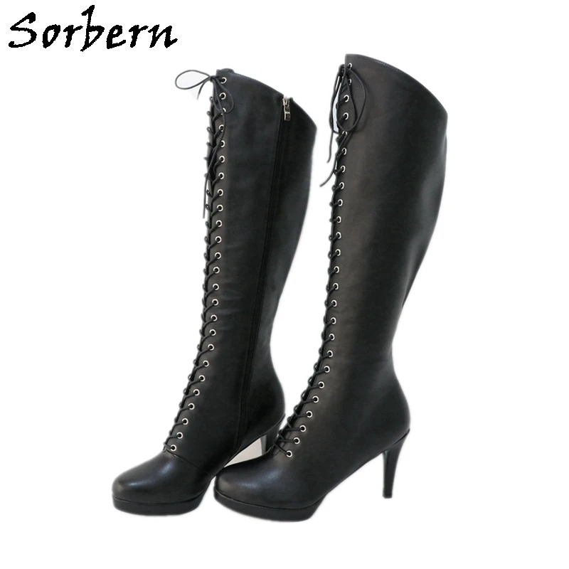 

Sorbern Custom Knee High Boots Women Kinky Styles Unisex High Heel Shoe Platform Round Toe Lace Up Black Matt Custom Wide Legs