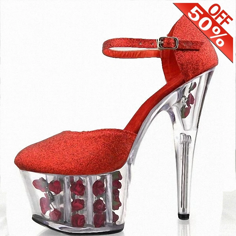 Flash powder Bling Shallow Buckle strap 15cm Stiletto heels 6inche Fashion Rose Crystal Platform Sexy Fetish Wedding shoes Pumps