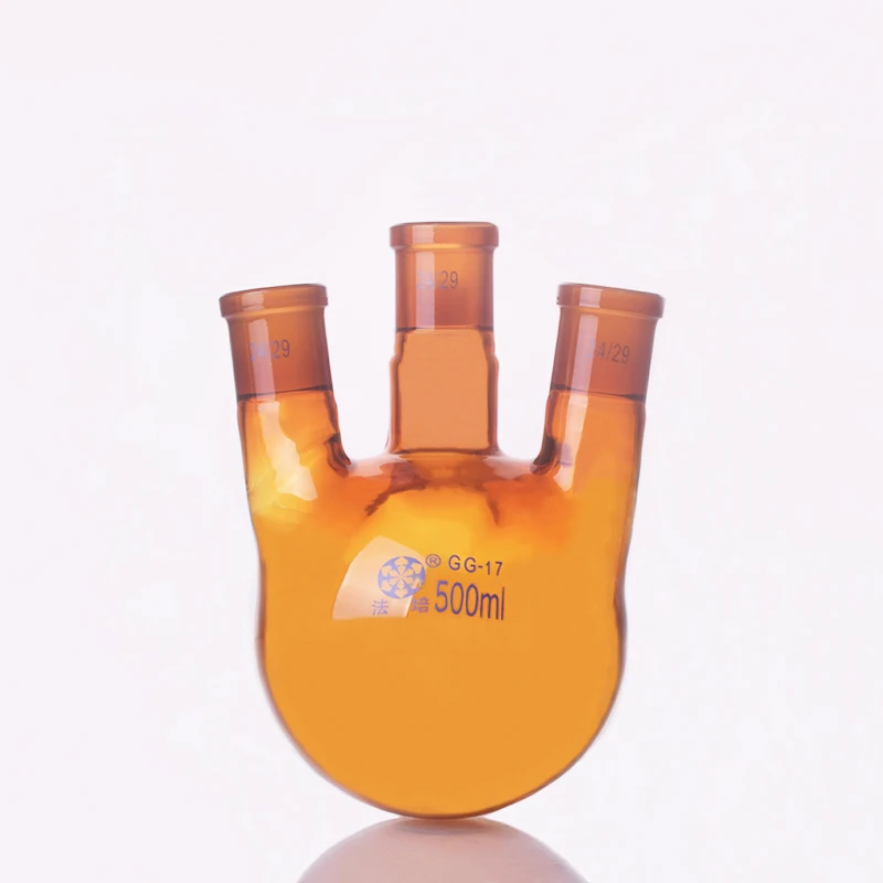 

Brown Three-necked flask straight shape,with three necks standard grinding mouth,500ml,Middle joint 24/29,lateral joint 24/29