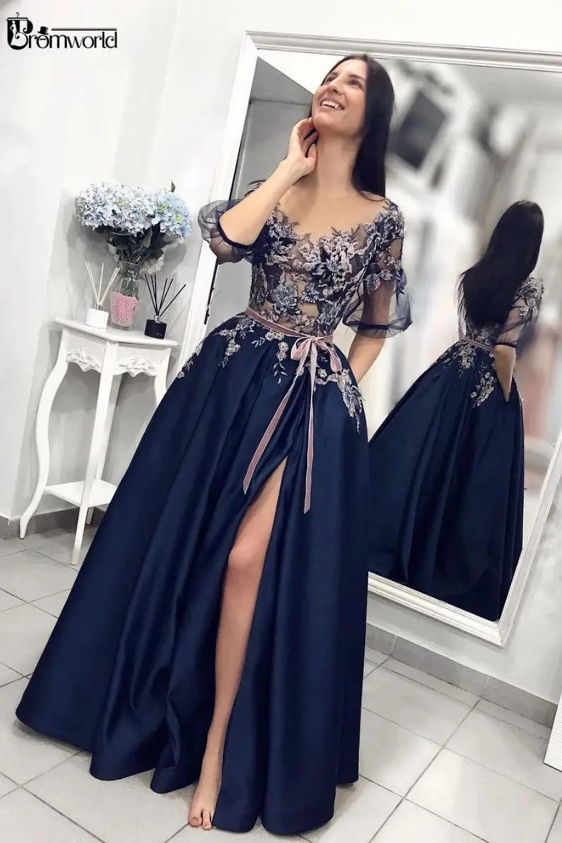 Navy Blue Embroidery Satin Evening Gown 2024 A-Line Sexy Split Lace Prom Dresses Long with Pockets Half Sleeves Evening Dress