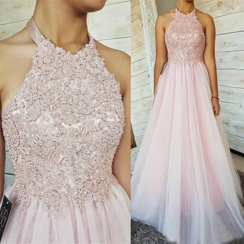 

A Line Chiffon Formal Dresses Applique Prom Party Gown Sleeveless Beaded Evening Dress High Neck Floor-Length NONE Train New