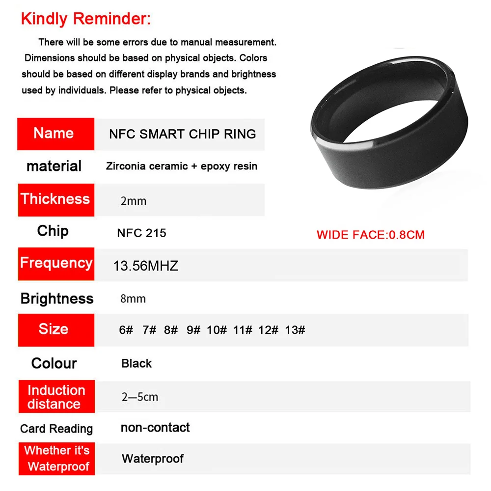 RFID Black Ceramics Smart Finger Ring Wear NFC 215 Chip 13.56MHZ NFC for Men or Women 2021