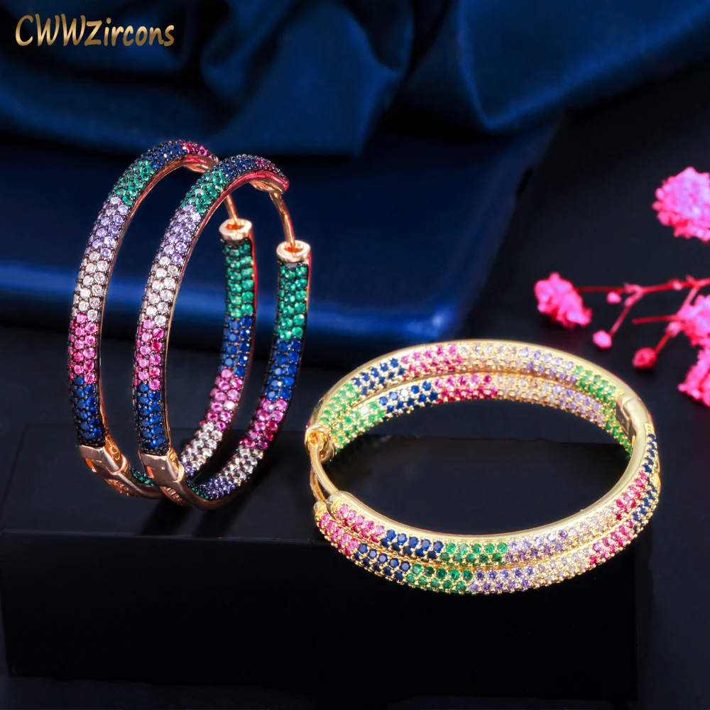 CWWZircons Trendy dwa odcienie tęcza cyrkonia koło okrągła obręcz kolczyki dla kobiet biżuteria Hip Hop Pendientes Mujer CZ846
