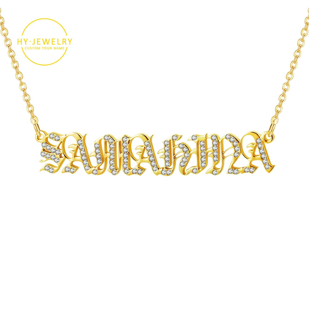 

Personalized iced out Name Necklace Custom Old English Font Pendants For Women Stainless Steel Chokers Jewelry For Women Men