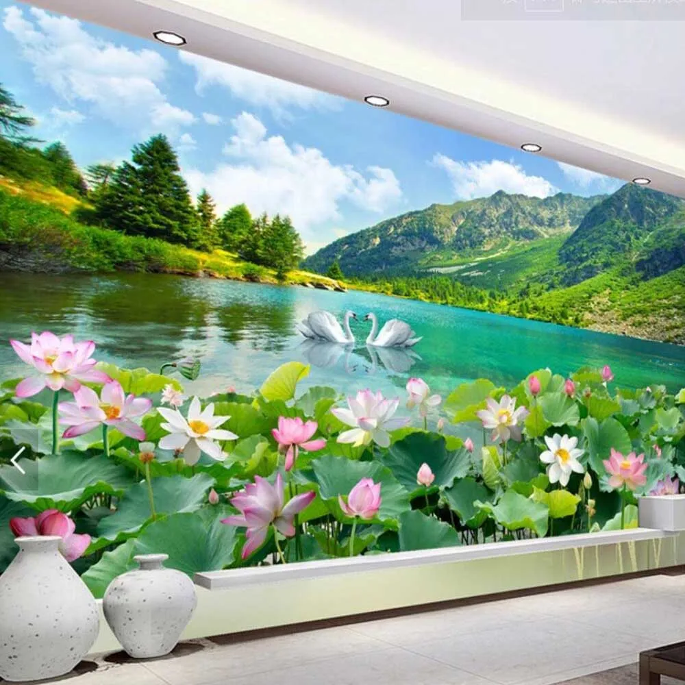 

3D Embossed Water Lily Swan Flower HD Printing Wallpaper Mural for Living Room Bedroom Home Wall Decor Custom Size Floral Murals