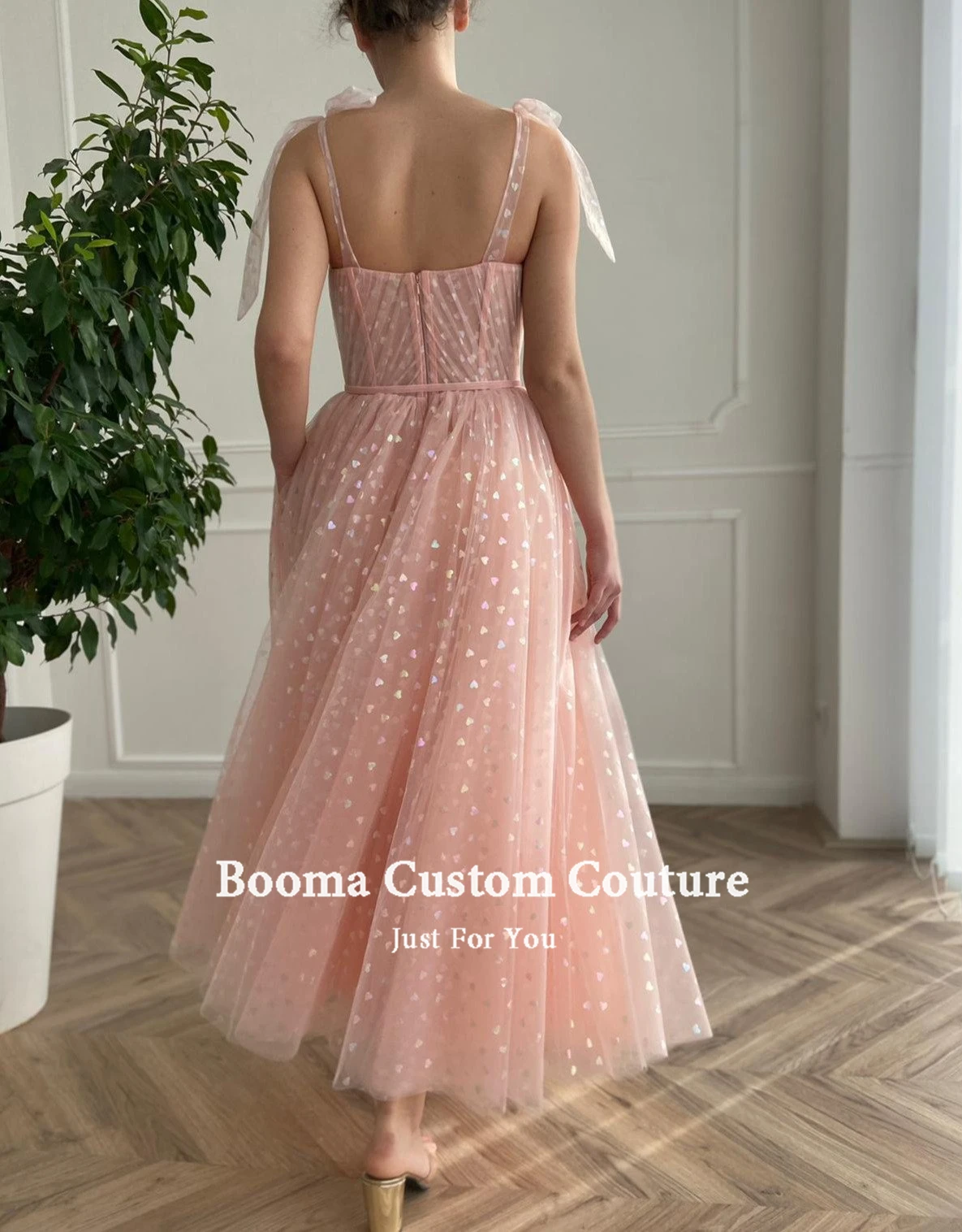 Booma Blush Pink Hearty Evening Dresses 2022 Spaghetti Straps Midi Prom Dresses with Pockets Tea-Length Wedding Party Dresses