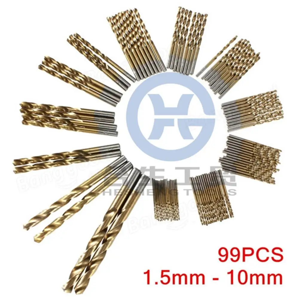 Taladro helicoidal Chapado en titanio de acero de alta velocidad, accesorios para herramientas eléctricas, 99pcs1.5-10mm