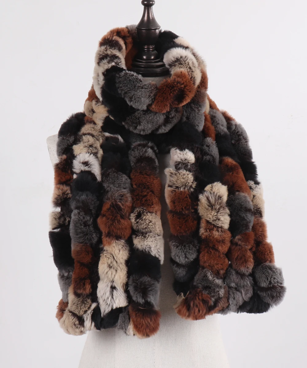 Neue Marke Gestrickter Modischer Damen Echt Rex Kaninchenfell Schal Frauen Winter Warmer Natürlicher Pelzschal Langer Stil Echter Pelz Halswärmer – Detail 18