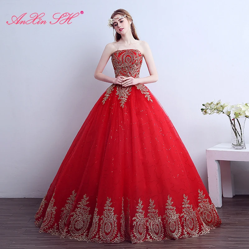 AnXin SH red lace flower princess bride vintage golden sparkly luxury strapless ball gown lace up customized wedding dress