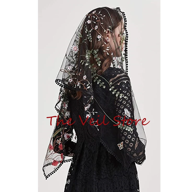 Velo rectangular de Mantilla para mujer, velo de Iglesia Católica para cubrir la cabeza, bufandas de encaje Floral, velos de marfil negro con pinza para el cabello