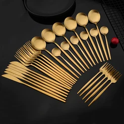 6/30Pcs Matte Gold Dinnerware Set Stainless Steel Dinner Knife Fork Spoon Cutlery Set Kitchen Silverware Flatware Tableware Set