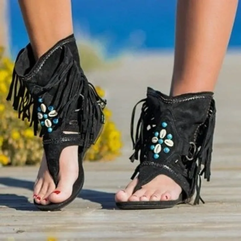 Sandália retrô com franja e flor para mulher, sapatos de praia, casual, sólido, chinelo, verão, 2020