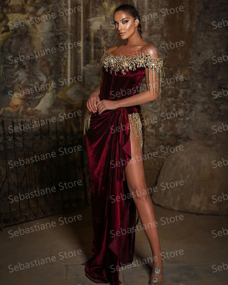 Gorgeous Beaded Prom Dresses Cap Sleeves Tassels Mermaid Ruffles Side Split Women Pageant Evening Gowns 2021