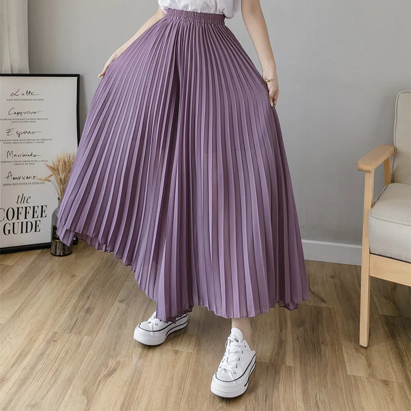 

Pleated Women Culottes Pants Chiffon Summer Pants High Waist Wide Leg Pants Loose Trouser Korean Style Palazzo Pants Long Skirt