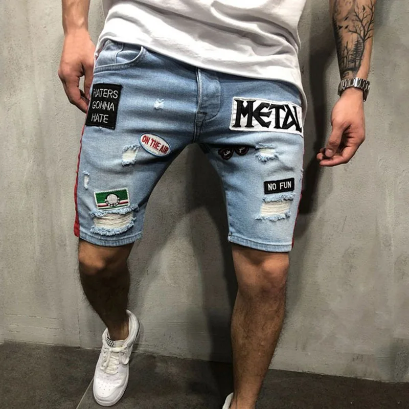 Best Sale Men\'s Denim Pant Shorts Hot Jeans Embroidery Hole Slim Fit Casual Hiking Sport Fashion Half Pants For Summer