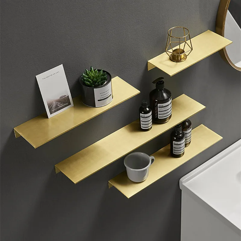 Brushed Gold Metal Bathroom Shelf Wall Storage Rack Washstand Drilling Large Wall Shelf for Storage 30/40/50/60cm Length Holder