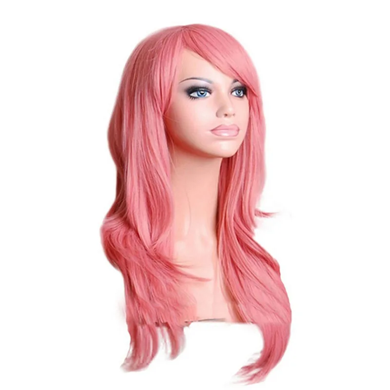 QQXCAIW Long Wavy Cosplay Wig Red Green Purple Pink Black Blue Sliver Gray Blonde Brown 70 Cm Synthetic Hair Wigs