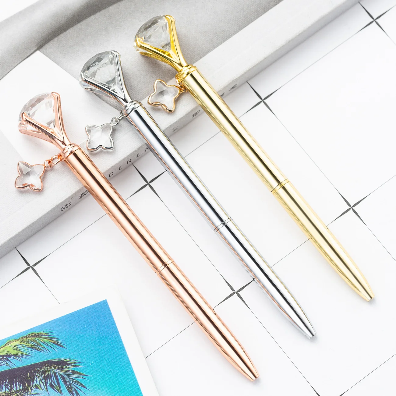 Ellen Brook 1 PCS Four Leaf Clover Ballpoint Pen School Office Supply Wedding Stationery Crystal Diamond Metal Rose Gold Pens