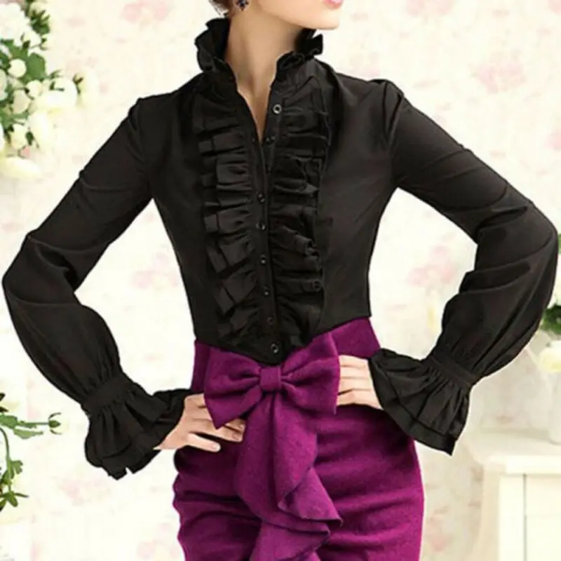 Fashion Victoriaanse Blouses Vrouwen Ol Office Dames Wit Overhemd Hoge Hals Franje Ruffle Manchetten Shirts Vrouwelijke Blouse