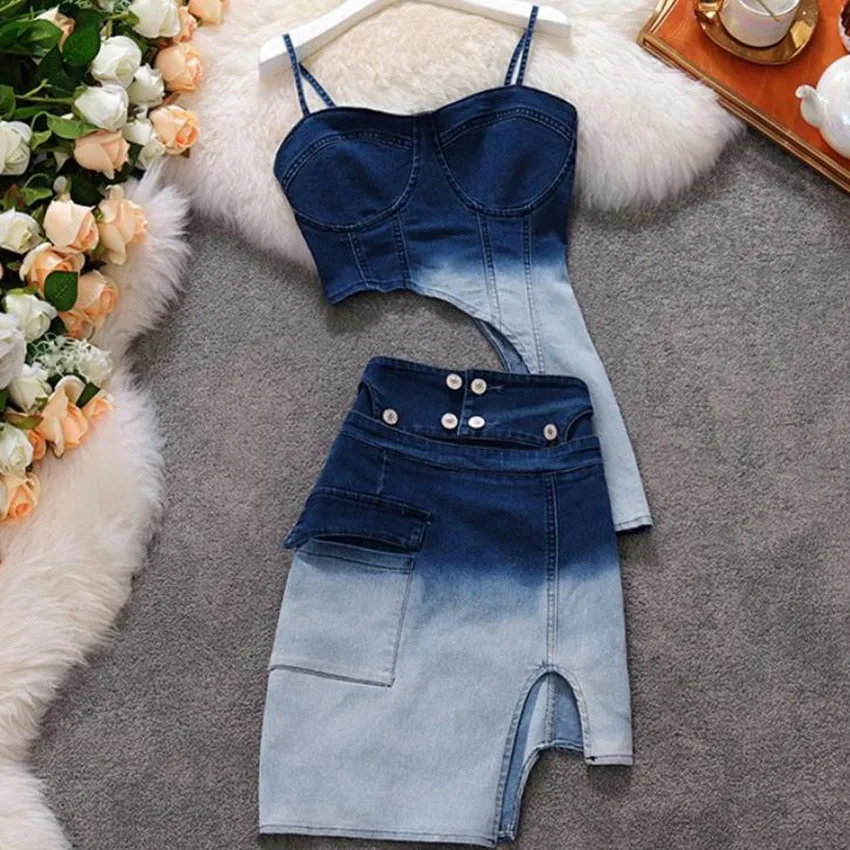 

2021 Summer fashion strap denim tops +high waist irregular package hip mini skirt two piece sets women