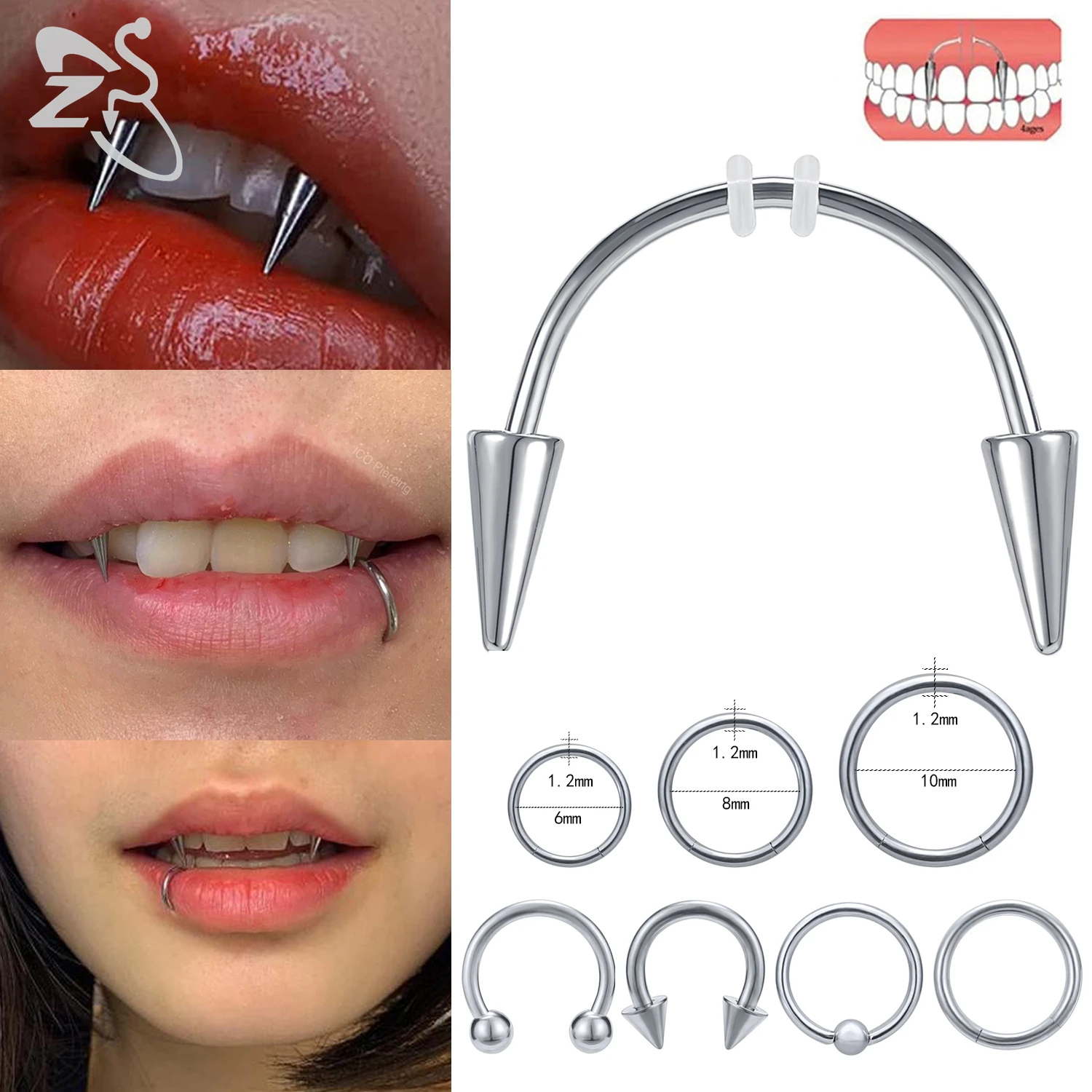 ZS 3pcs/lot Dracula Nail Piercing Punk 316L Stainless Steel Labret Piercings 6/8/10MM Lip Septum Ring Vampire Teeth Body Jewelry