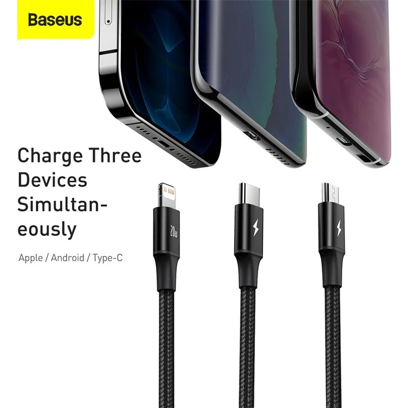 Baseus 마이크로 타입 C 케이블, 샤오미 리얼미 휴대폰 고속 충전기 코드, 3 인 1 USB C 케이블, PD 20W, 아이폰 X 12 11