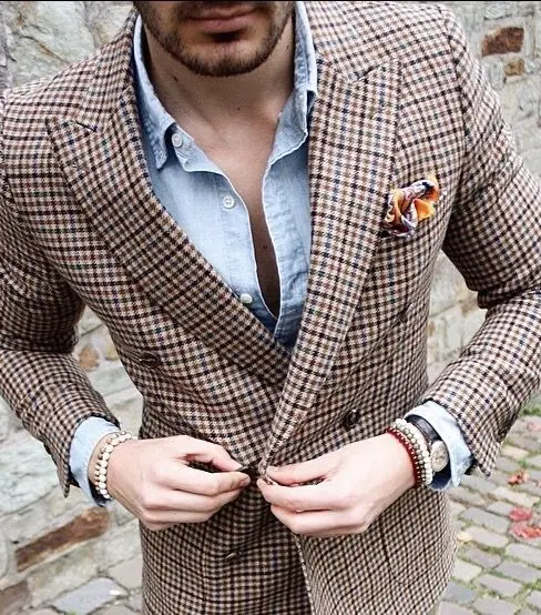 

Tailor-Made Man Spring Casual Brown Plaid Men Suits 2 Piece Vintage Blazers Double Breasted Male Clothing Costume Homme Masculin