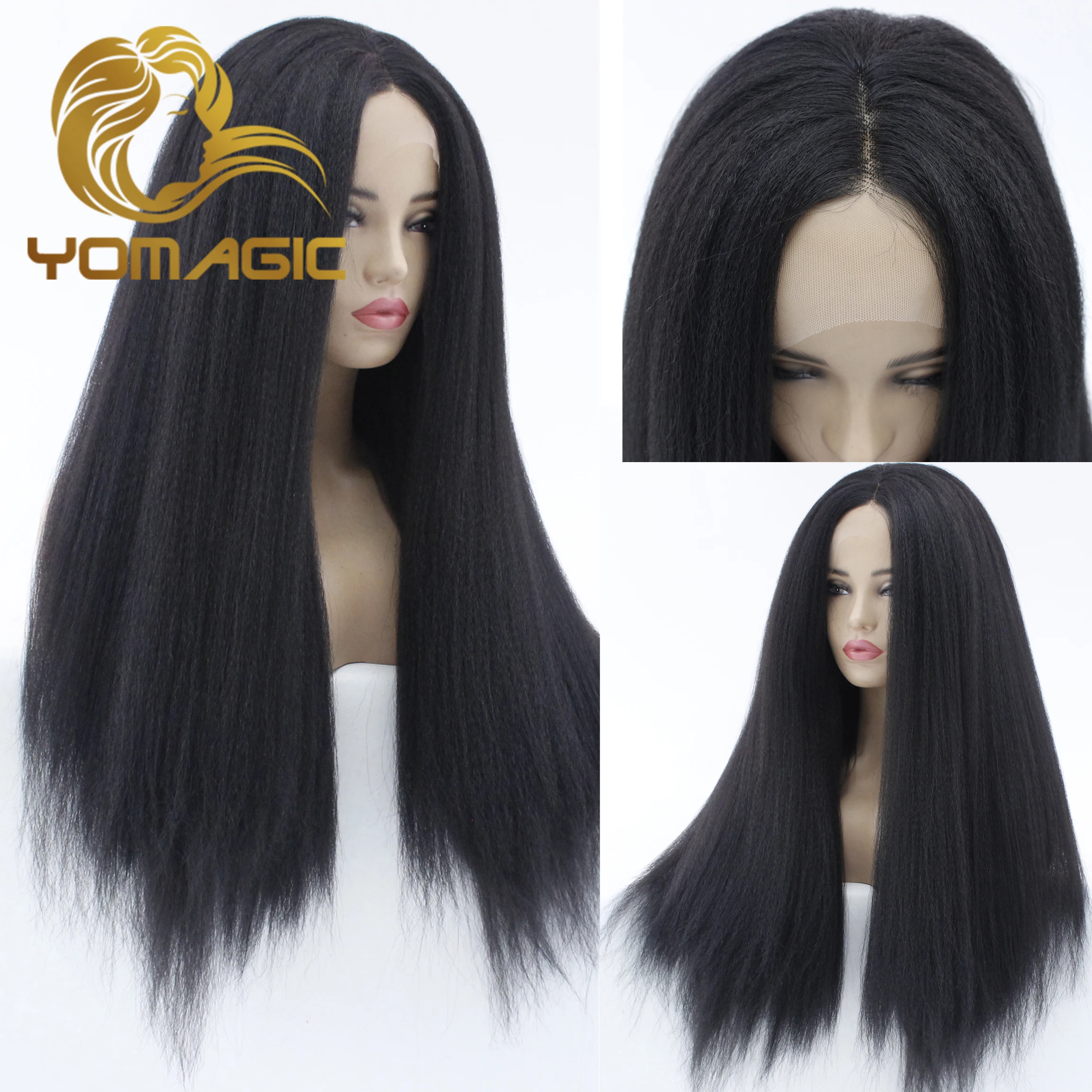 

Black Color Synthetic 13X3 Lace Front Wig With Baby Hair Kinky Straight Heat Resistant Lace Wigs for Women Daily Use Wigs