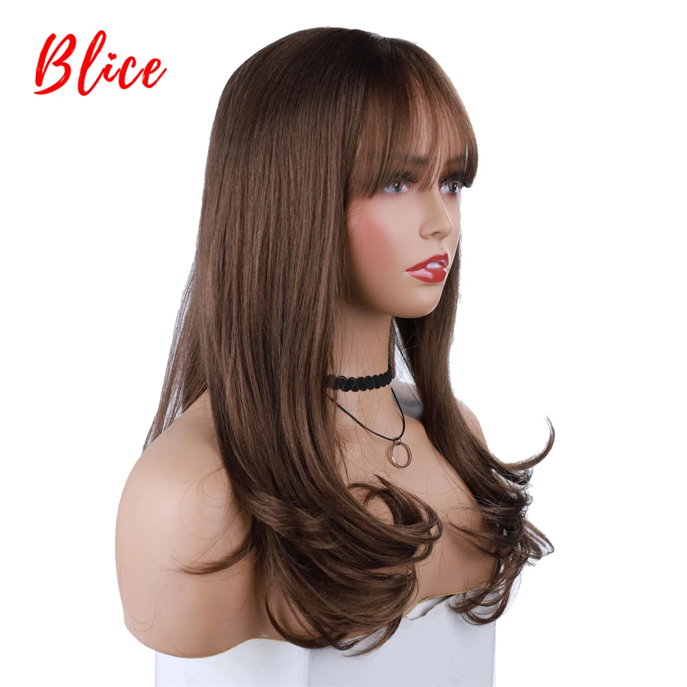 18 Inch Long Wavy Synthetic Wig With Side Bangs Brown