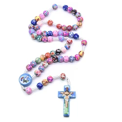 QIGO Colorful Polymer Clay Rosary Necklace Handmade Children Catholic Cross Prayer Beads